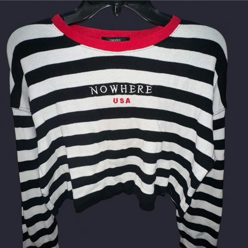 Black&White Striped Sweater with Red Neckline